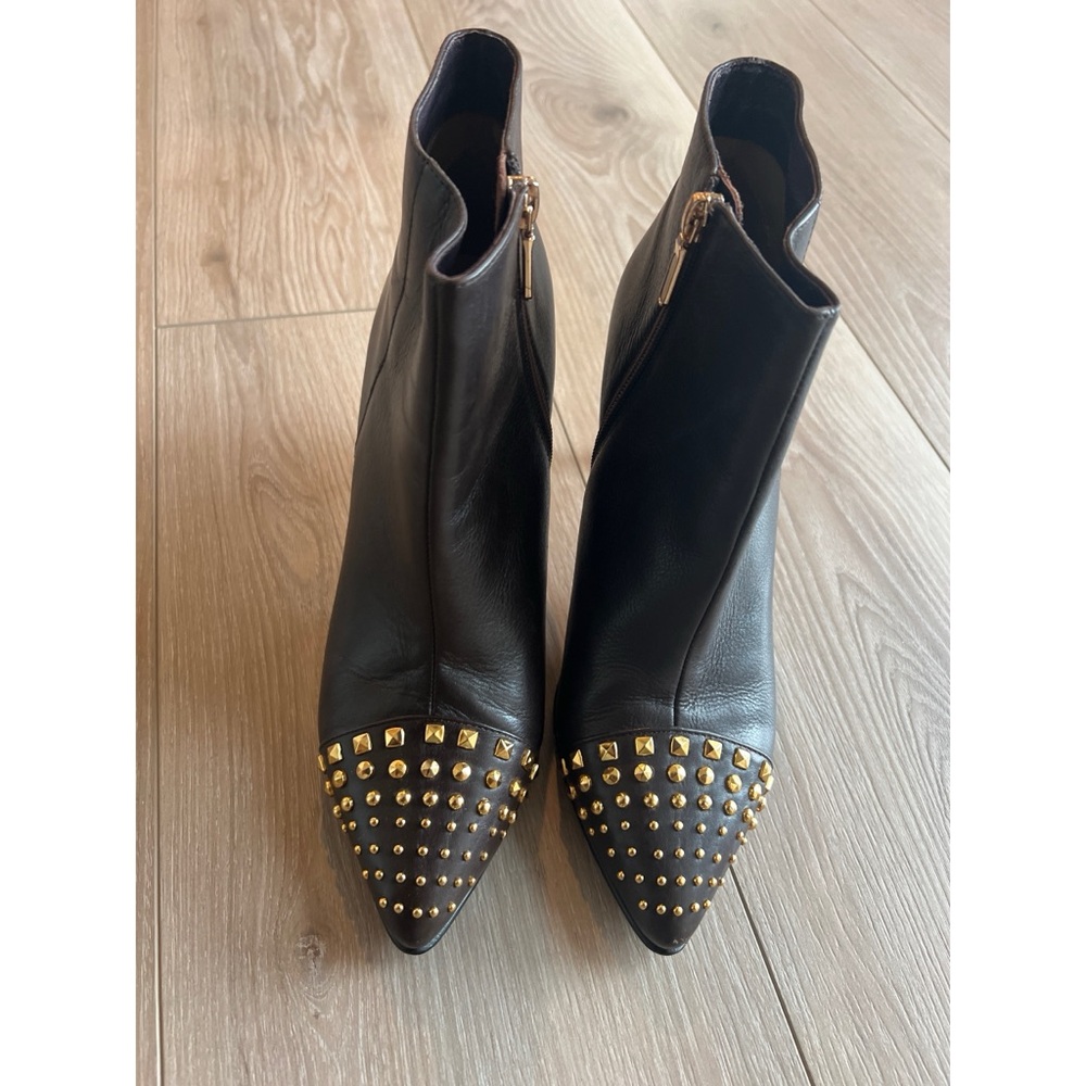 Vaneli Chocolate Brown and Gold Ankle Booties with Studded Design